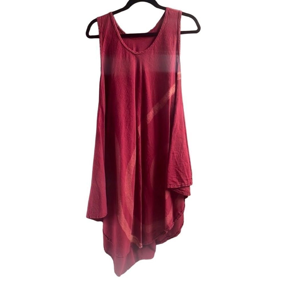Asymetrical Guazy Cotton Sheer Tank Dress, Red with Wavy Line Design